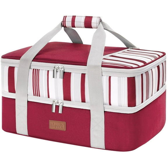 Lifewit Double Decker Insulated Casserole Carrier for Hot or Cold Food, Casserole Dish with Lid and Carrying Case, Lasagna Holder for Potluck Parties/Picnic/Cookouts, Fits 9"x13" Baking Dish, Red