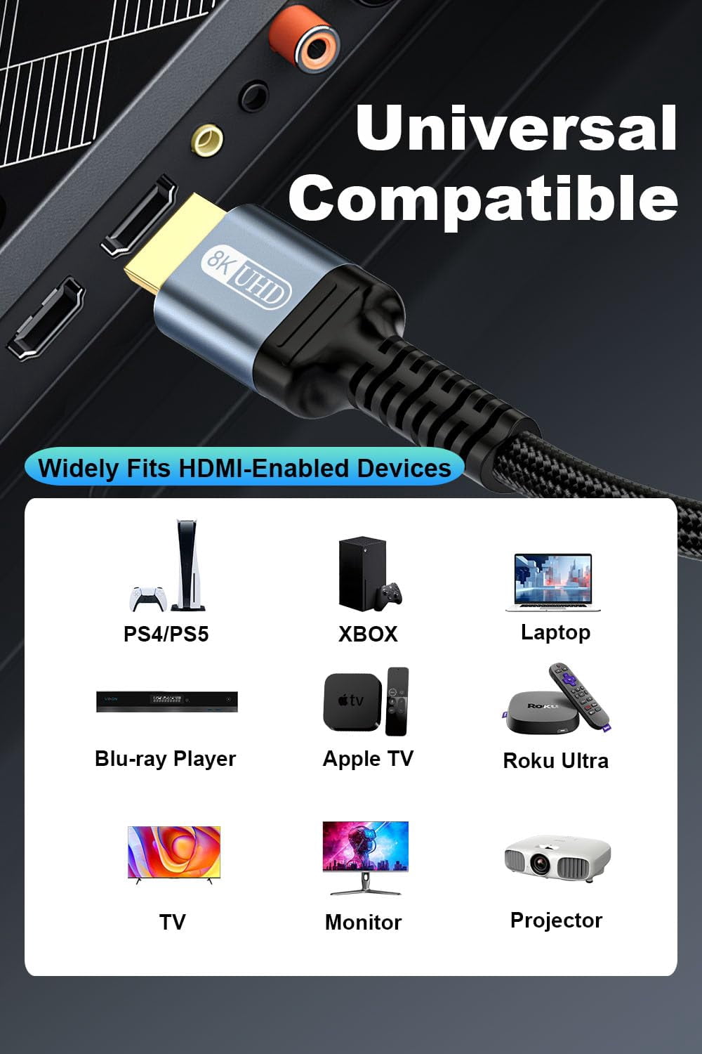 8K 4K HDMI Cable 48Gbps 6.6ft, Ultra High Speed HDMI Cable Braided Cord-4K@120Hz 8K@60Hz, DTS:X, HDCP 2.2 & 2.3, HDR 10 Compatible with HDTV/Blu-ray