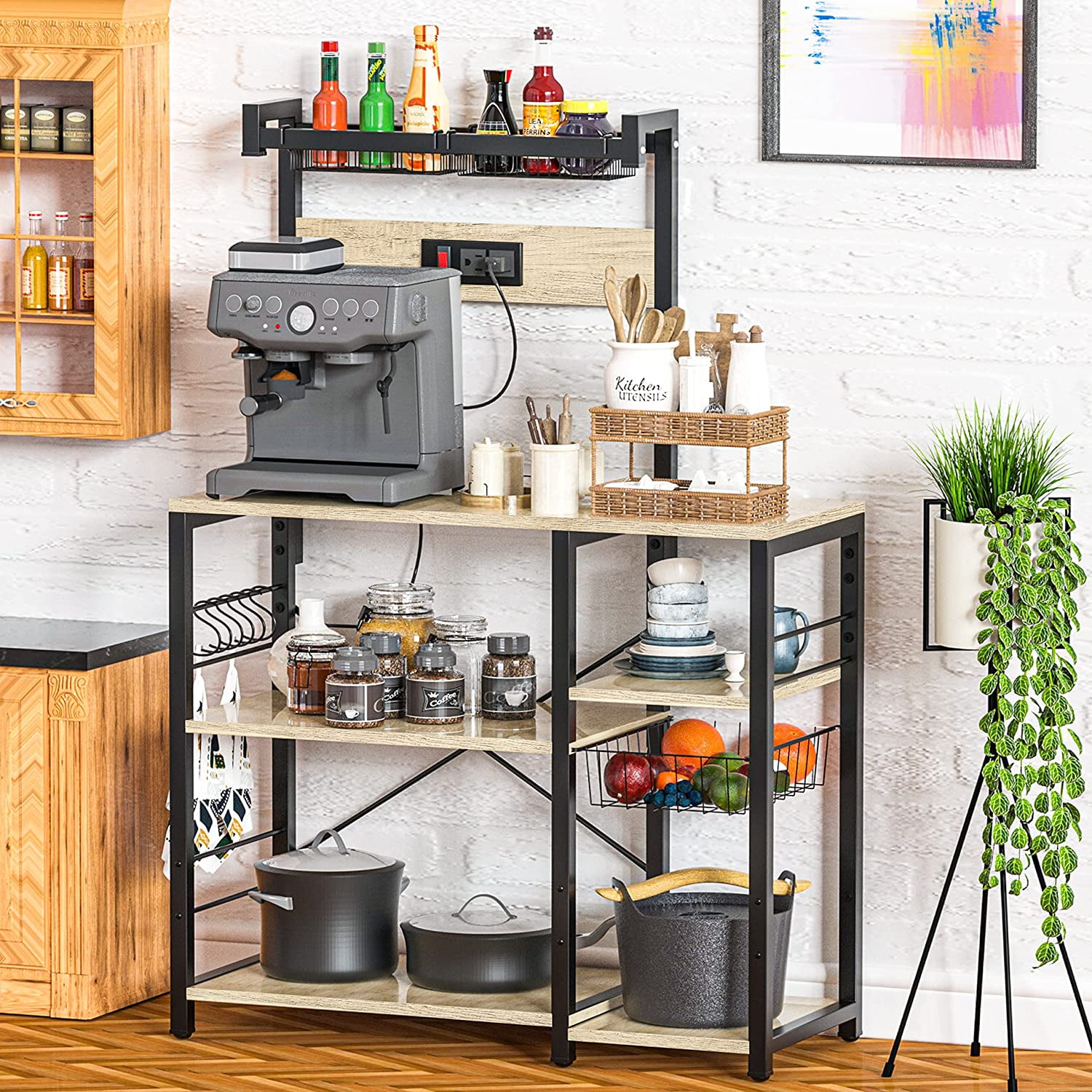 17 Stories 35.4” Bakers Coffee Bar Station Kitchen Storage Rack with Power  Outlet, Microwave Stand, Wire Basket, 6 S-Hooks, Kitchen Shelves & Reviews