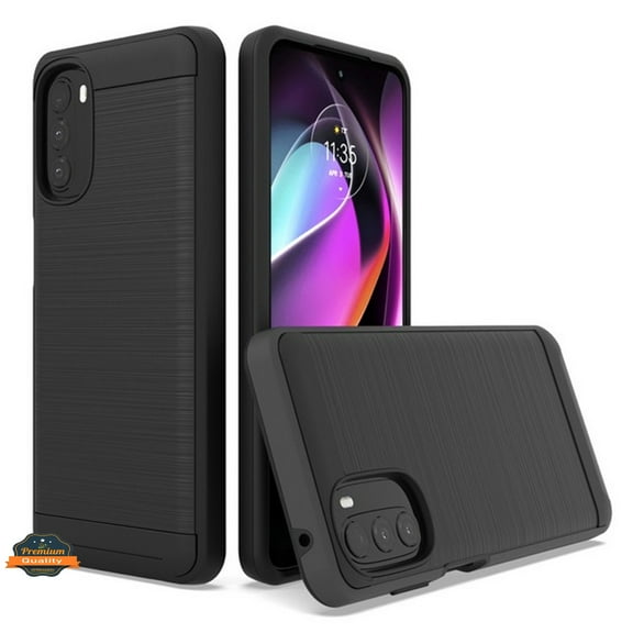 For Motorola Moto G 5G 2022 Slim Rugged TPU Hard PC Brushed Metal Texture Hybrid Dual Layer Armor Shock Absorbing Phone Case Cover by Xpression - Black
