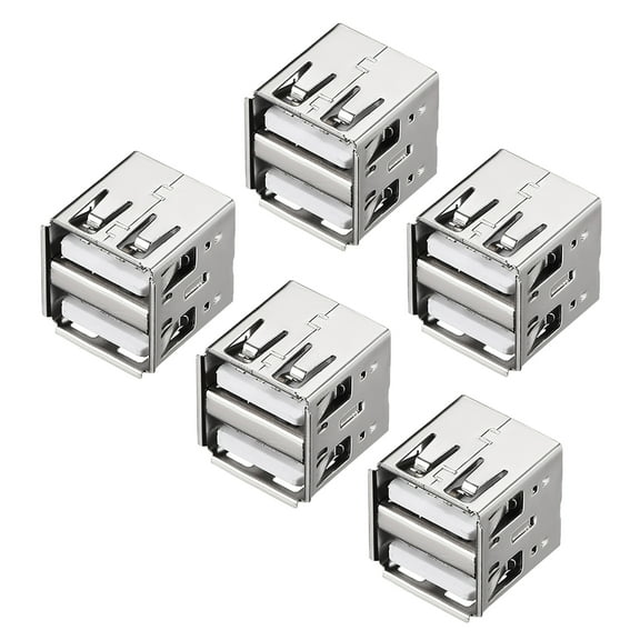 PCB USB Connector Type-A Dual Port Female Jack 8P Vertical 180 Degree 5pcs