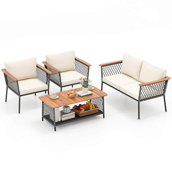 Gymax Set of 4 Furniture Set w/2-Tier Coffee Table Acacia Wood Armrests Tabletop