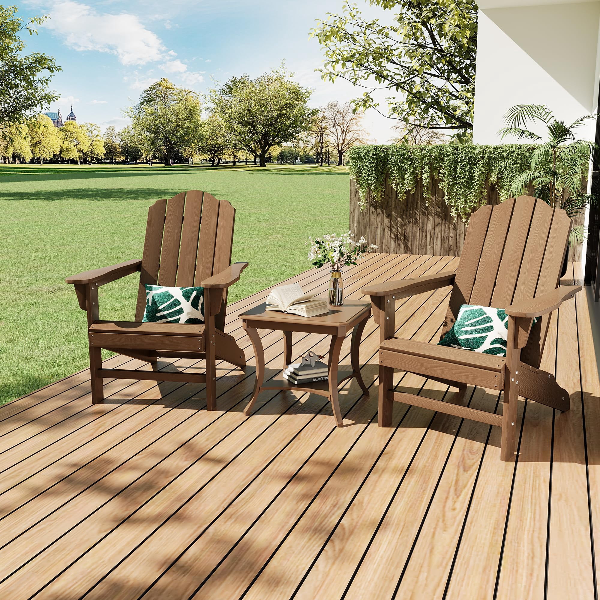 HDPE Adirondack Chair Set of 2, Wood Texture Patio Furniture, Outdoor Lawn Chair for Garden Backyard Deck Poolside,Brown