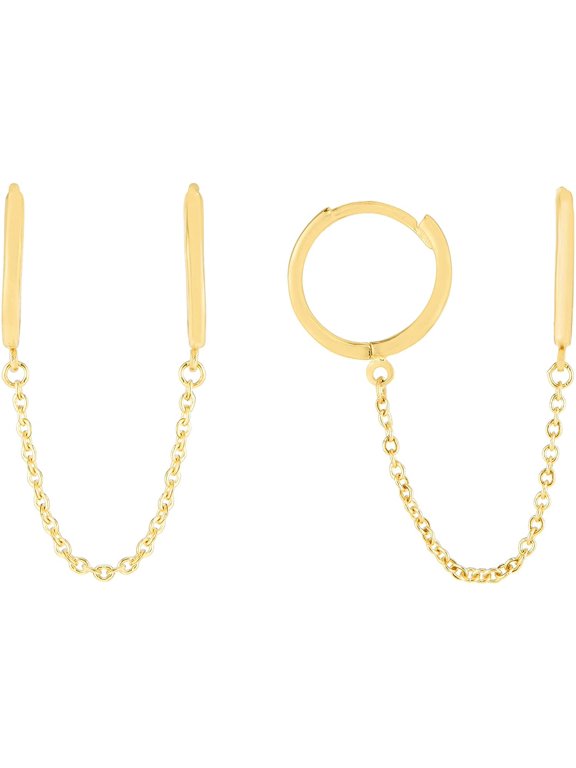 14K Yellow Gold Double Pierced Chain Huggie Earrings, Giorgio Bergamo