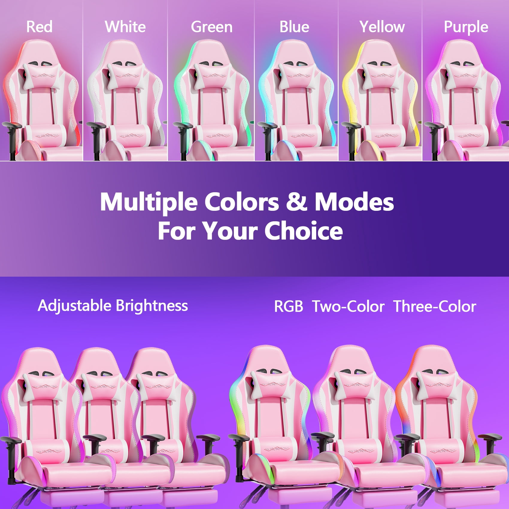 Mr IRONSTONE Gaming Chair for Adults, 7 Point Massage Computer Chair with Bluetooth Speakers RGB, Heavy Duty 400lbs Ergonomic PC Chair with 3D Armrests Footrest, Pink/White