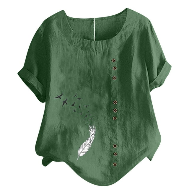 Birdeem Womens Short Sleeved Casual Plus Size Round Neck Feather Printed Loose Button Cotton Linen Top