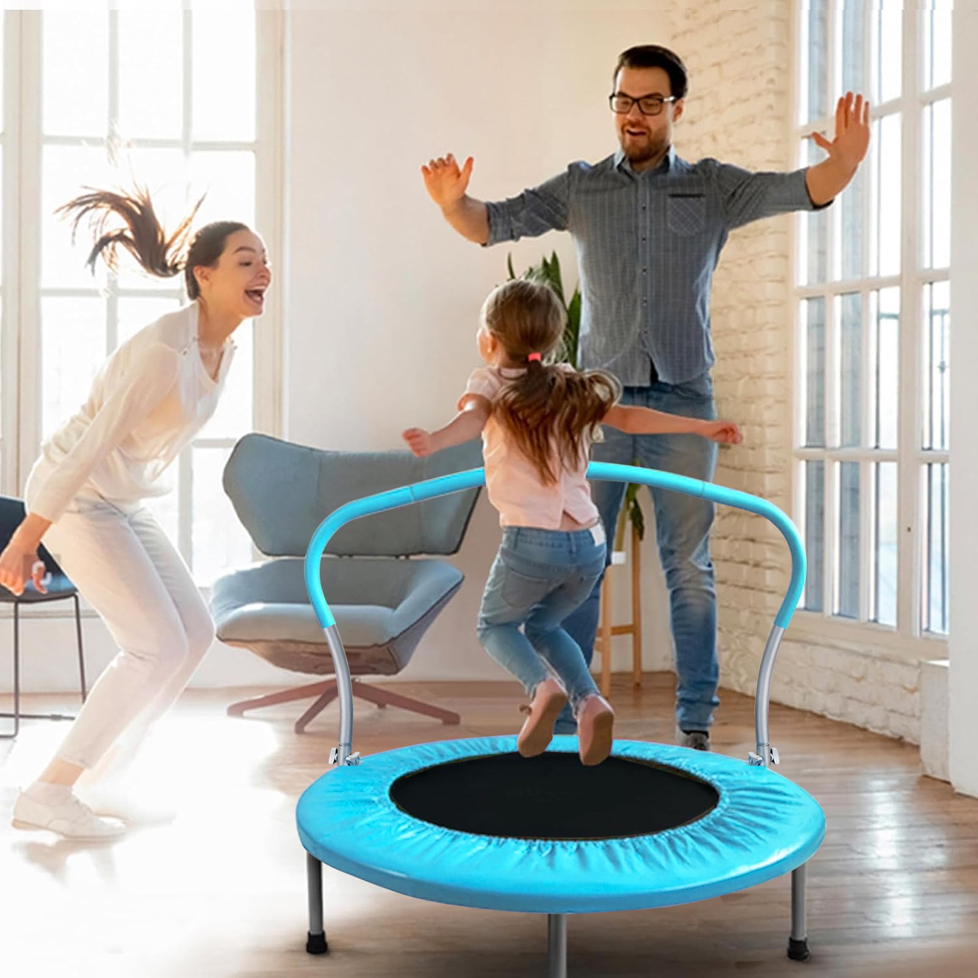Aukfa Mini Trampoline with Handrail for Kids, 36" Fitness Rebounder with Safety Pad, Indoor Outdoor, Blue