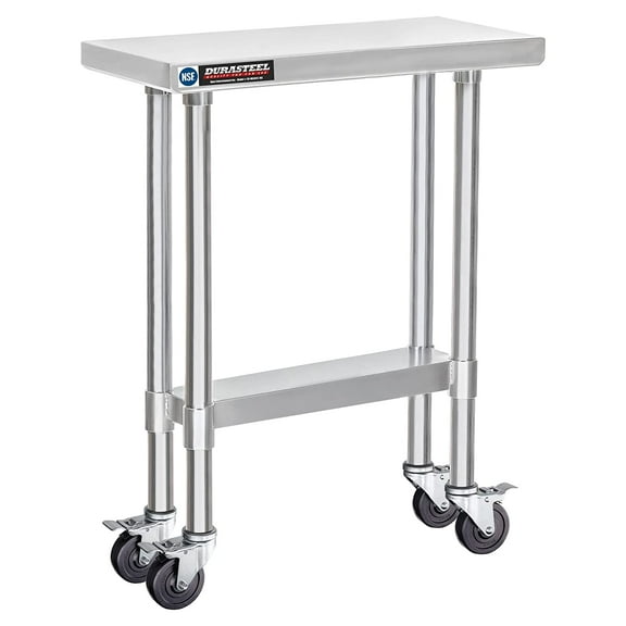 DuraSteel 30x12 Inch Stainless Steel Table - Metal Table Cart with Adjustable Shelf - NSF Certified Work Table with Wheels - Cooking & Laundry Prep Table for Kitchen, Restaurant, Home, Commercial Use