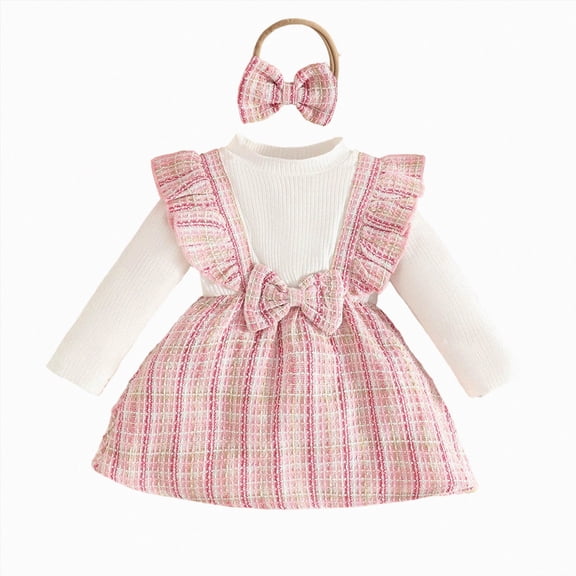 YDFCWXW Baby Girl Clothes Tweed Ribbed Patchwork Long Sleeve Romper Bodysuit Headband Outfits (Pink, 18-24 Months)