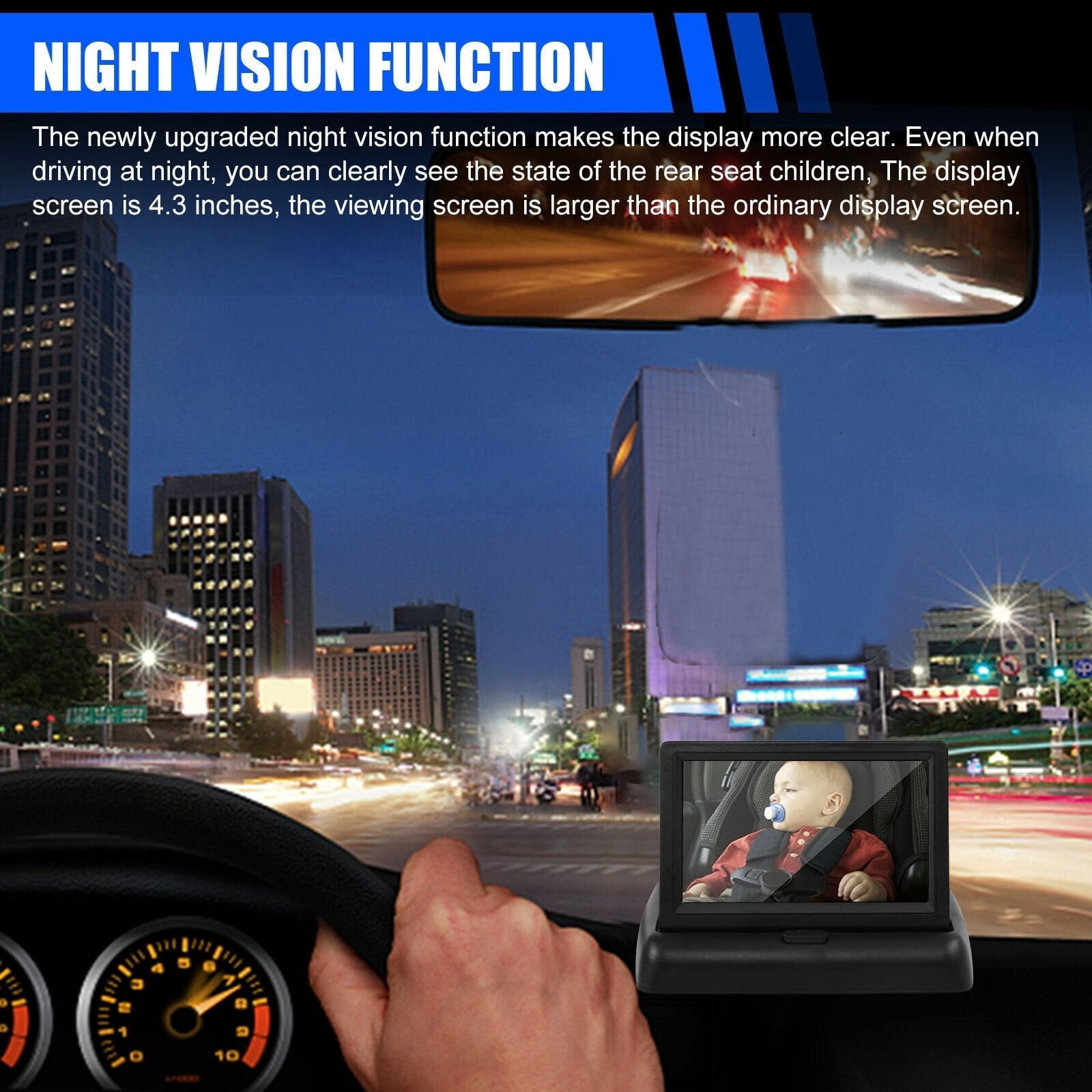 Ckraxd Car Seat Rear View Monitor Camera 4.3in HD Display Night Vision Adjustable Easy Install Safe Driving Accessory