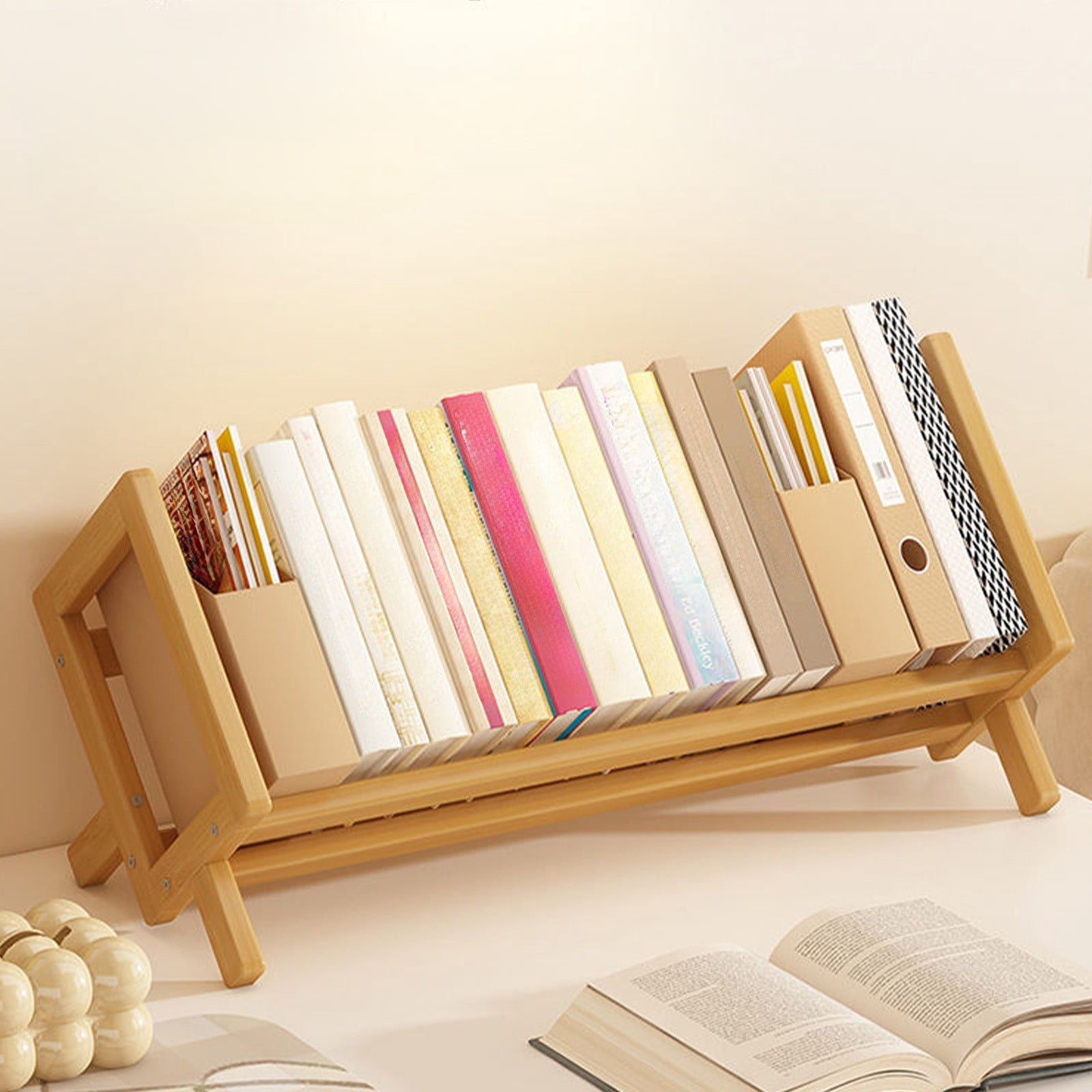 MORESEC under $5 Desktop Book Organizer, Wooden Desktop Book Rack, Office Desk Organizer Shelf, Bookend File Folder Holder, Study Table Storage Stand, Multi Tier Bookshelf Organizer