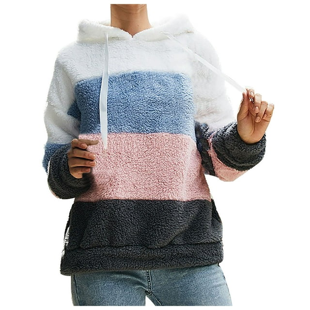 CEHVOM Blouse à Capuche en Peluche Contrastée pour Femmes Manches Longues en Coton
