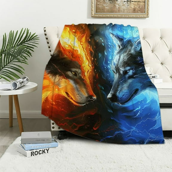 PRATYUS Fire and Ice Wolves Fleece Blanket for Bed,Wolf Fleece Throw Blanket for Women, Men and Kids - Super Soft Plush Wolf Blanket Throw Plush Blanket Wolf Gifts 40x50in