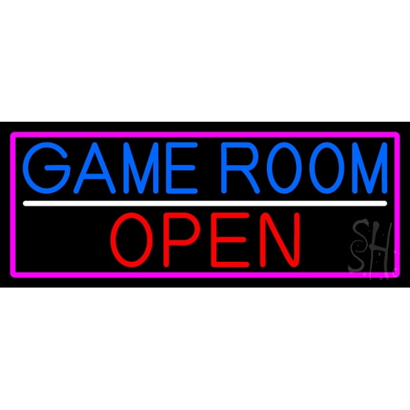 Game Room Open With Pink Border LED Neon Sign 13 x 32 - inches, Clear Edge Cut Acrylic Backing, with Dimmer - Bright and Premium built indoor LED Neon Sign for Bar decor.