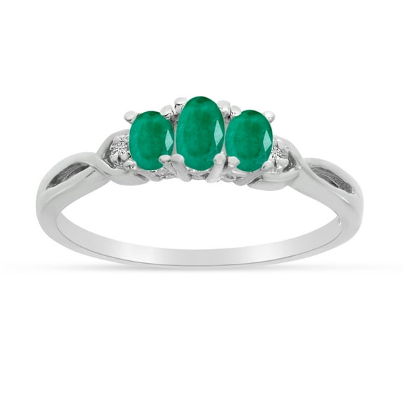 10k White Gold Oval Emerald And Diamond Three Stone Ring
