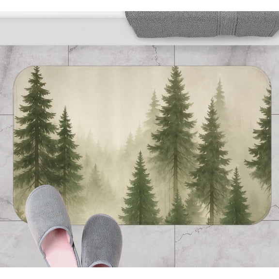 Entryway Rug Doormat Misty Forest Bath Mat, Rustic Cabin Bathroom Rug, Woodland Pine Tree Mat, Nature Decor, Bathroom Accent Gift