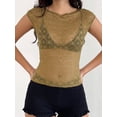 thumbnail image 2 of Womens Mesh Sheer Cap Sleeve Crop Tops Boat Neck See Through Tee Shirts Lace Floral Y2K Layering Top Blouses, 2 of 5