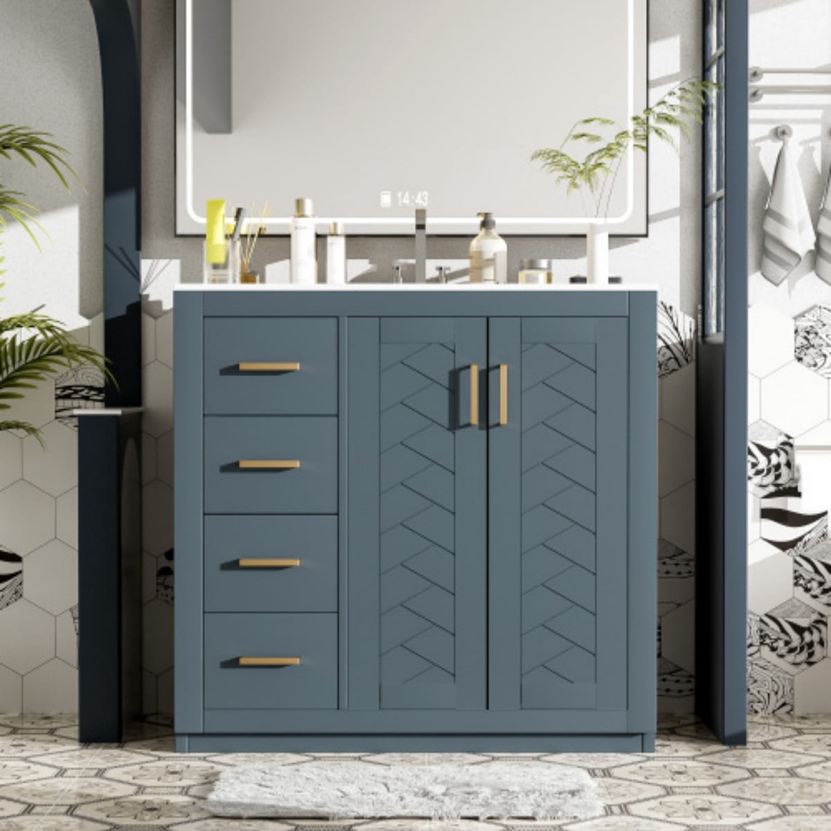 36" Bathroom Vanity with Sink, Freestanding Bathroom Vanity Cabinet with Ceramic Sink, Solid Wood Frame, 3 Drawers & Soft Close Doors, Modern Storage Cabinet, Blue