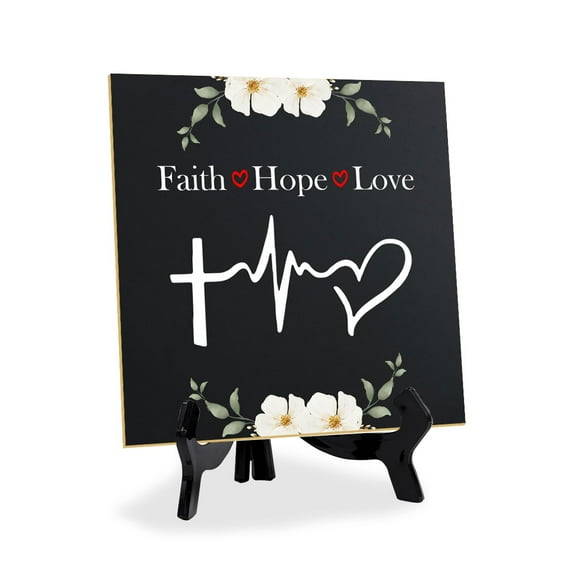 Faith Hope Love 5"x 5" Square Table Sign With Acrylic Easel | Religious Home Decor