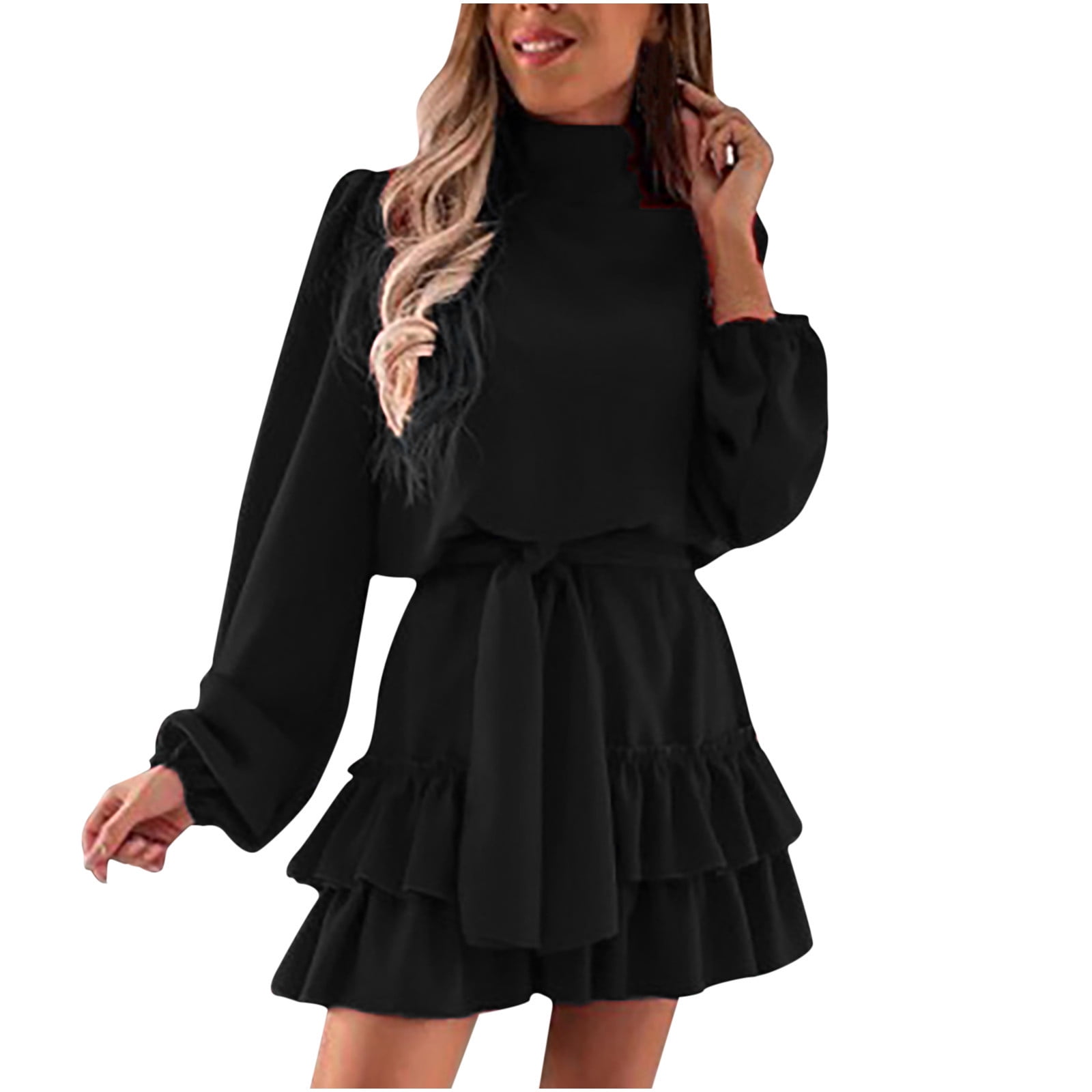 Lpmadey Women's A-Line Flare Dress Smocked High Waist Long Sleeve V Neck  Tiered Ruffle Swing Mini Skater Dresses Floral Dress Black : :  Clothing, Shoes & Accessories
