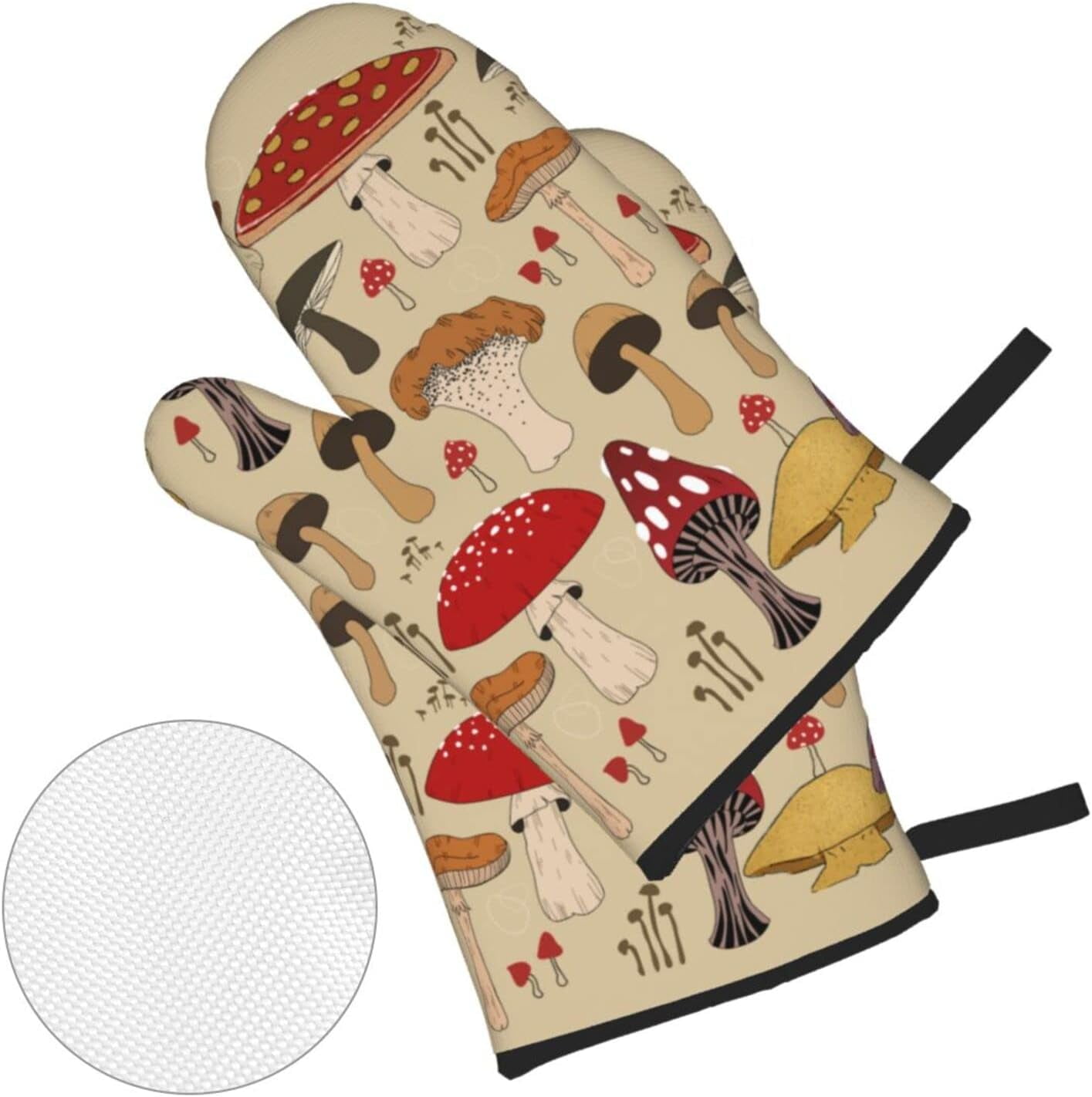 Various Mushroom Art Oven Mitts and Pot Holders Sets of 4 High Heat Resistant Oven Mitts with Oven Gloves and Hot Pads Polyester Potholders for Kitchen Baking Grilling BBQ Non-Slip Cooking Mitts