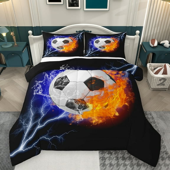Homewish Football Soccer Bedding Comforter Set,Ball Sport Game Twin Comforter Sets,Black Orange White Bedding Set For Teens,Luxury Bedroom Decor Reversible,2 Pieces