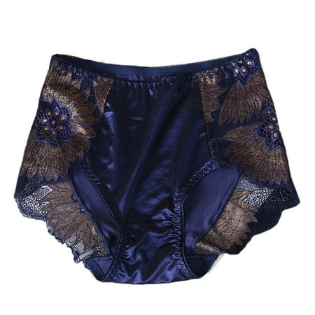 Skymirror Women Panties Lace Flower Embroidery Mid Waist Elastic Soft Breathable Anti-septic Glossy Ice Silk Lady Underpants Briefs Underwear