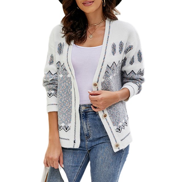 Suéteres básicos para mujer Cuello en V Estampado de copos de nieve Cárdigan cálido Traje de vacaciones informal FLhrweasw Nuevo