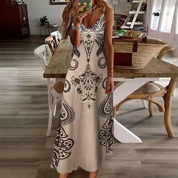 Taylonsss Womens Casual Dress Strappy V Neck Flowy Printed Beach Vacation Outfit