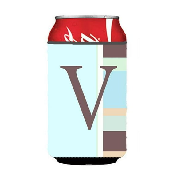 Letter V Initial Monogram - Blue Stripes Can or Bottle  Hugger