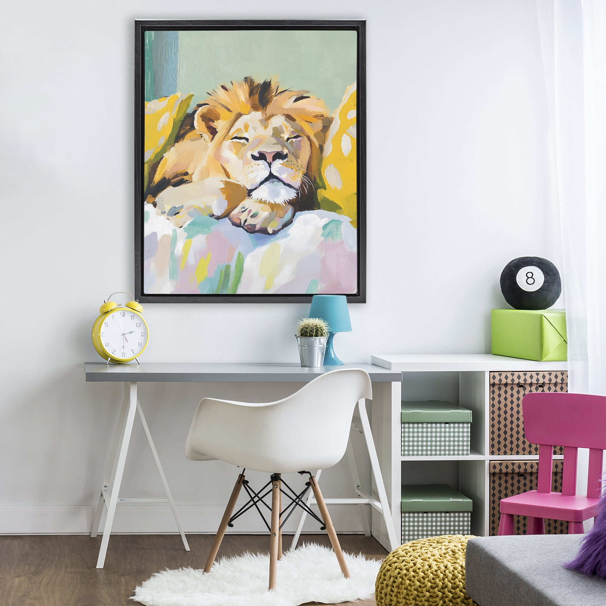 Stupell Industries Sleeping Lion on Pastel Pillows Black Framed Floater Canvas Wall Art, design by The Prints Vibe