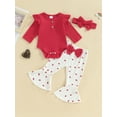 thumbnail image 2 of FEORJGP Infant Girl Valentine’s Day Clothes Newborn Baby Long Sleeve Romper Crew Neck Bodysuit Solid Color Ribbed Jumpsuit with Heart Pattern Flare Pants and Headband Spring Fall Outfit, 2 of 9