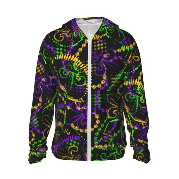 Balery Neon Mardi Gras Sudadera ligera de manga larga con capucha y protección solar UPF 50+ para hombre y mujer, ideal para pesca y running-X-Large