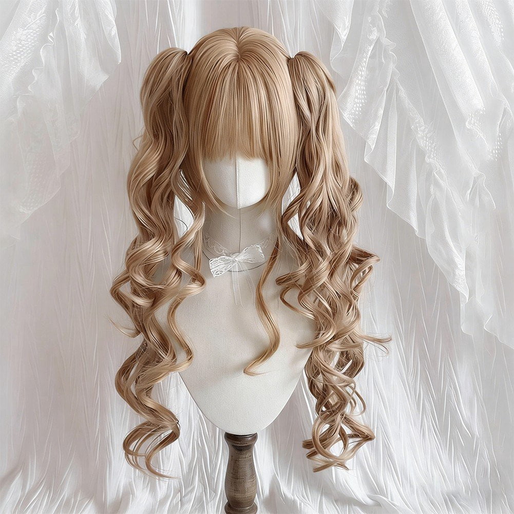 Vjnyvs Lolita Long Curly Wig with Bangs Double Ponytails Wig for Women