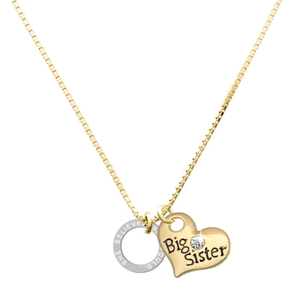 Delight Jewelry Silver-tone She Believed She Could Infinity Ring - Large Goldtone Big Sister Heart Charm Necklace, 17.5" 2" Extender