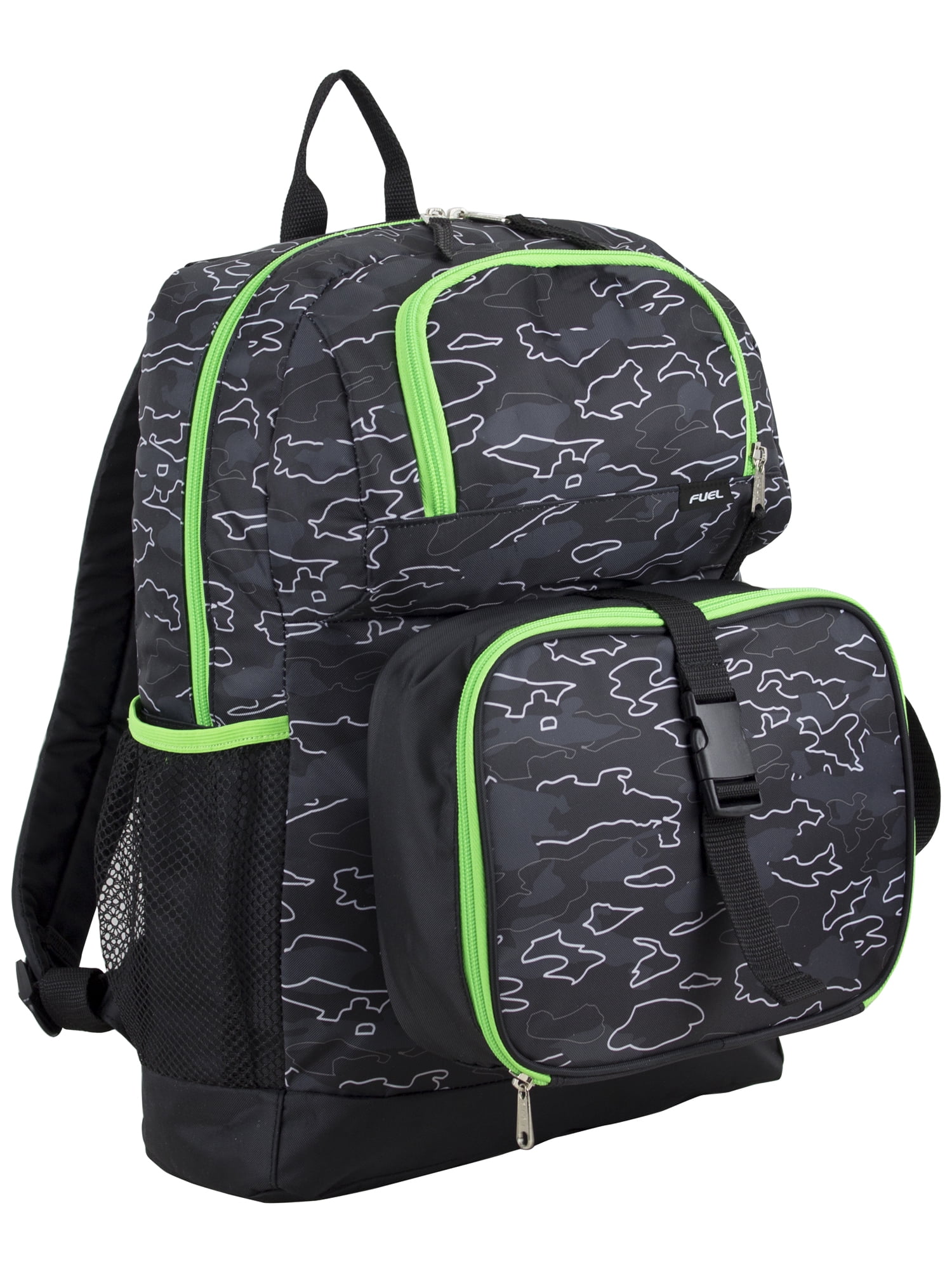 Fuel Unisex 4-Piece Combo Backpack with Lunch Box, Storage Case and Shoe Pouch, Midnight Neon Camoflauge