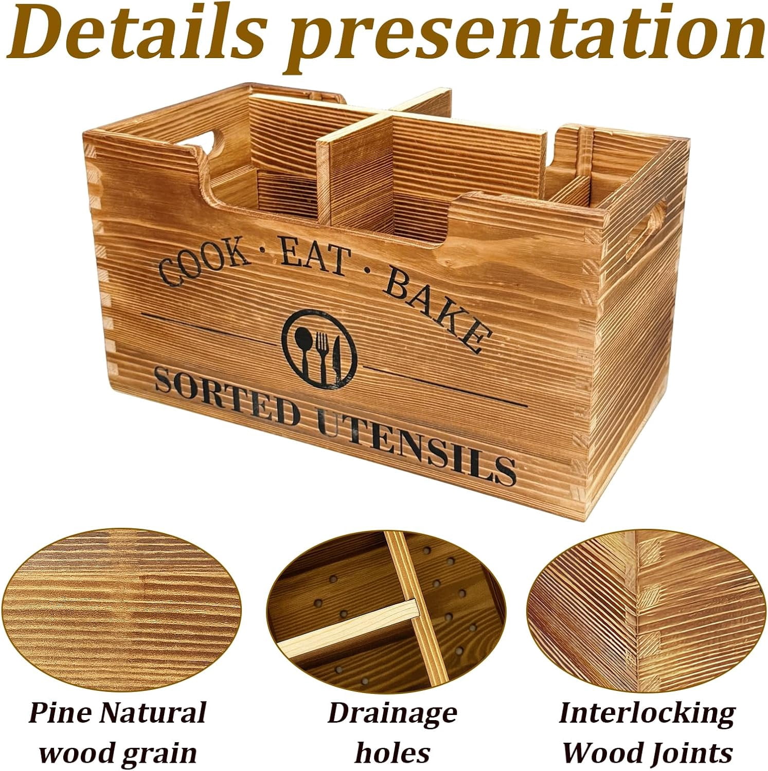 Upgraded Kitchen Utensil Holder For Counter  Extra Large Wooden With Three Adjustable Combination Designs Storage Cooking And Silverware