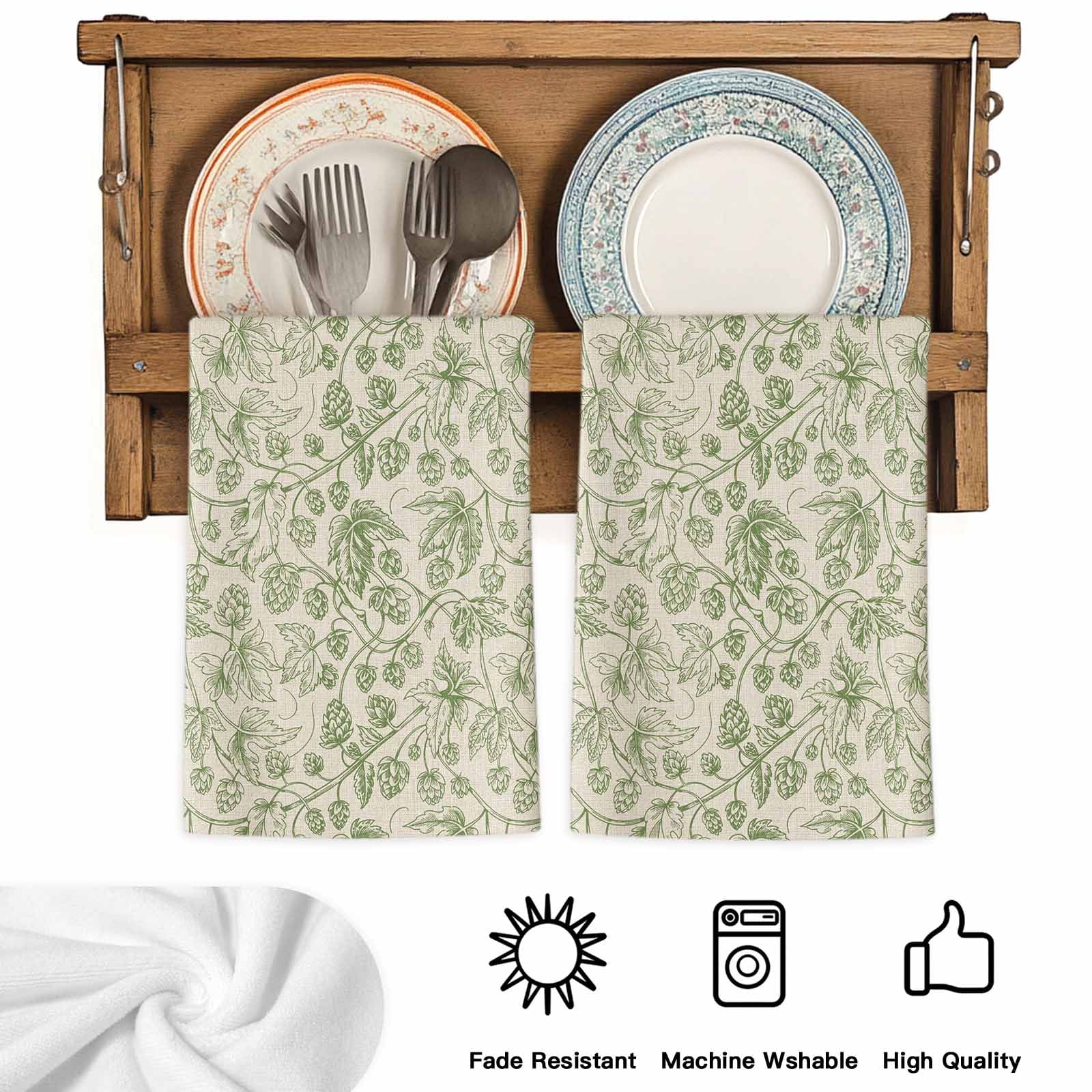 Dish Towels, Sage Green Floral Branch Absorbent Kitchen Towels 2 PCS, Vintage Flower Thread Microfiber Hand Towels Dish Cloths Tea Towels for Home&nbsp;Bathroom Cleaning Drying,18X28-Inch,