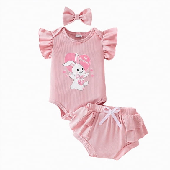 Kaprioy My First Easter Baby Girl Outfit Girls Clothes Bunny Heart Baby Romper Shorts With Bow Headband Infant Summer Festival Clothes