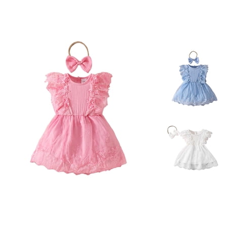 VOUZZA Baby Dress Toddler Girls Summer Flutter Sleeve Holiday Party Mesh Princess Dress Hairband Set Tiered Flared Tulle Birthday Frock