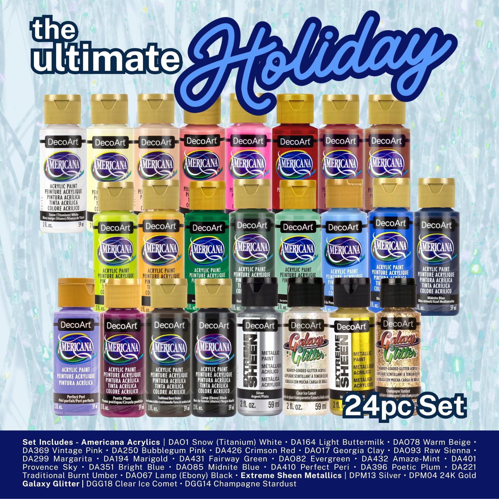 DecoArt Ultimate Holiday Paint Set, 24 Piece – Acrylic, Metallic & Glitter Finishes, 2 oz Each