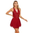 thumbnail image 3 of iEFiEL Womens Rhinestone Figure Skating Dress Chiffon Illusion Deep V-neck Ballet Lyrical Leotard Dance Dress Burgundy S, 3 of 7