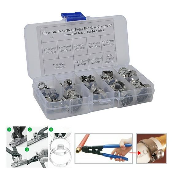 Stainless Steel Hose Clamp 70 Pack 9 Sizes 5.3-14.0mm 304 SS 360 Degree Sealing Ear Clamp for Car Home Appliance Machinery Hydraulic Hose Connection with Plastic Storage Box Non Removable Environment