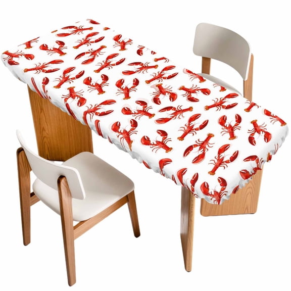 Red Lobster Table Cloths for 8 Foot Rectangle Tables, Summer Ocean Animal Minimalist Art Patio Waterproof Elastic Fitted Tablecloths, Washable Rectangular Table Cover for Camping