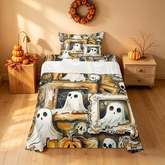 Homewish Halloween Funny Ghost Twin Sheets, Skull Bat Pumpkin Bedding, Sepia Tan, 3-Piece (1 Flat Sheet, 1 Fitted Sheet and 1 Pillowcase)