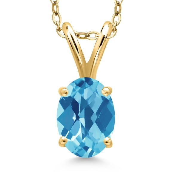 Gem Stone King 1.00 Ct Oval Checkerboard Swiss Blue Topaz 18K Yellow Gold Plated Silver Pendant with Chain