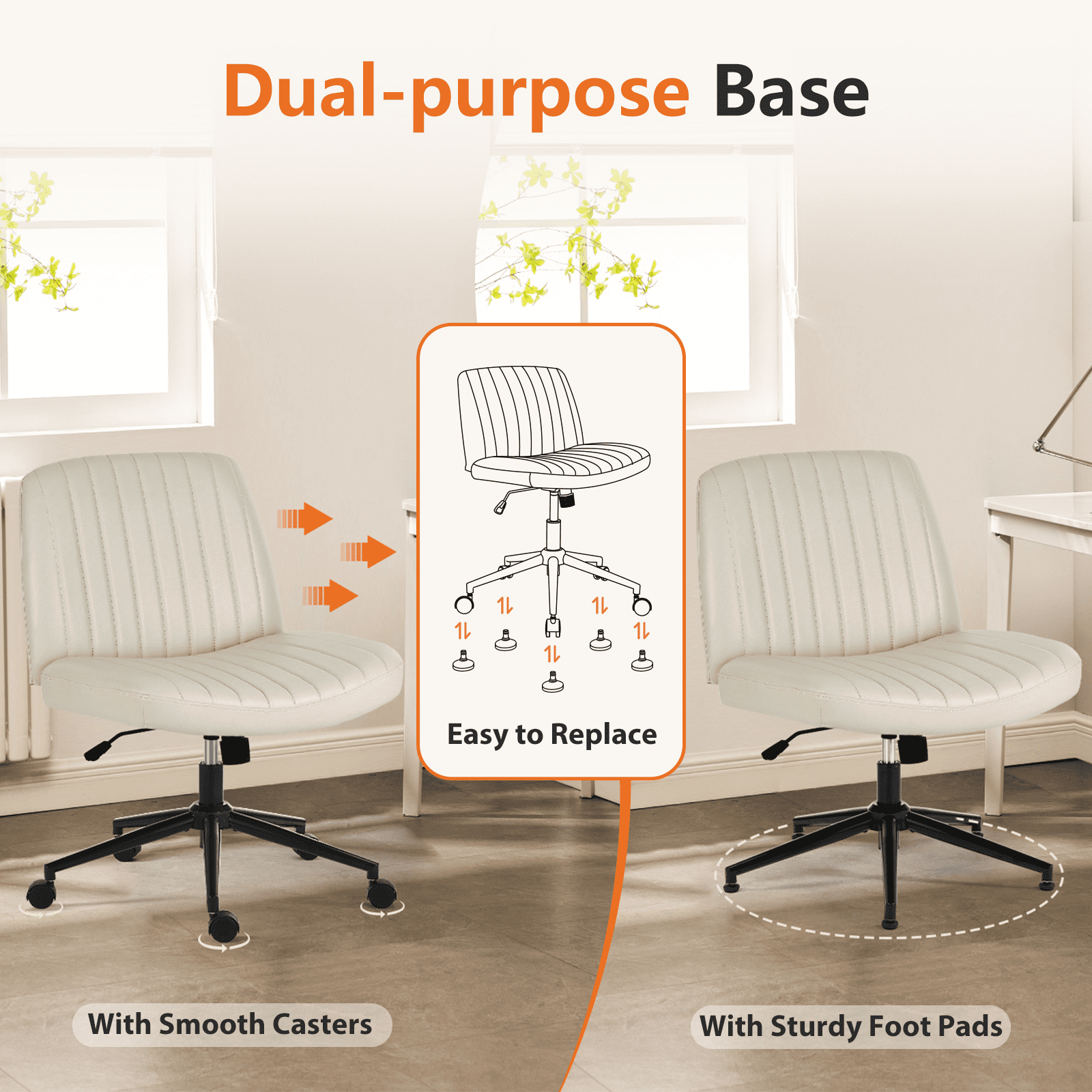 MAYEERTY Office Desk Vanity Chair Cross Legged Armless Swivel Fabric Height Adjustable Wide Seat with Replaceable Wheels/Fixed Base, Comfy Task Chair Padded