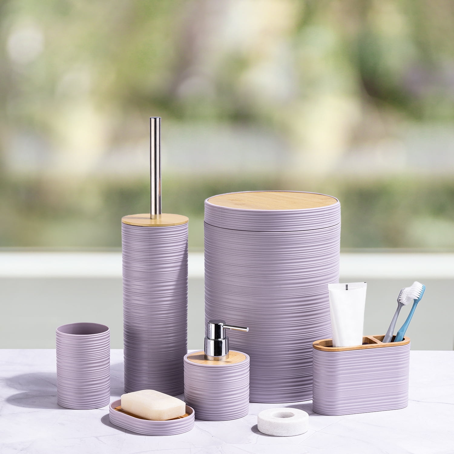 CERBIOR 6 Pcs Bamboo Bathroom Accessories Sets Irregular Stripe Design Complete Set Bathroom Decor Vanity Countertop Accessory Set, Purple