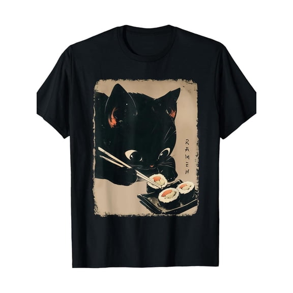 Kawaii Japanese Anime Cat Eating Sushi Graphic Tee for Men Women, Cute Neko Kitty Short Sleeve T-Shirt, Casual Crew Neck Top for Cat Lover Gift
