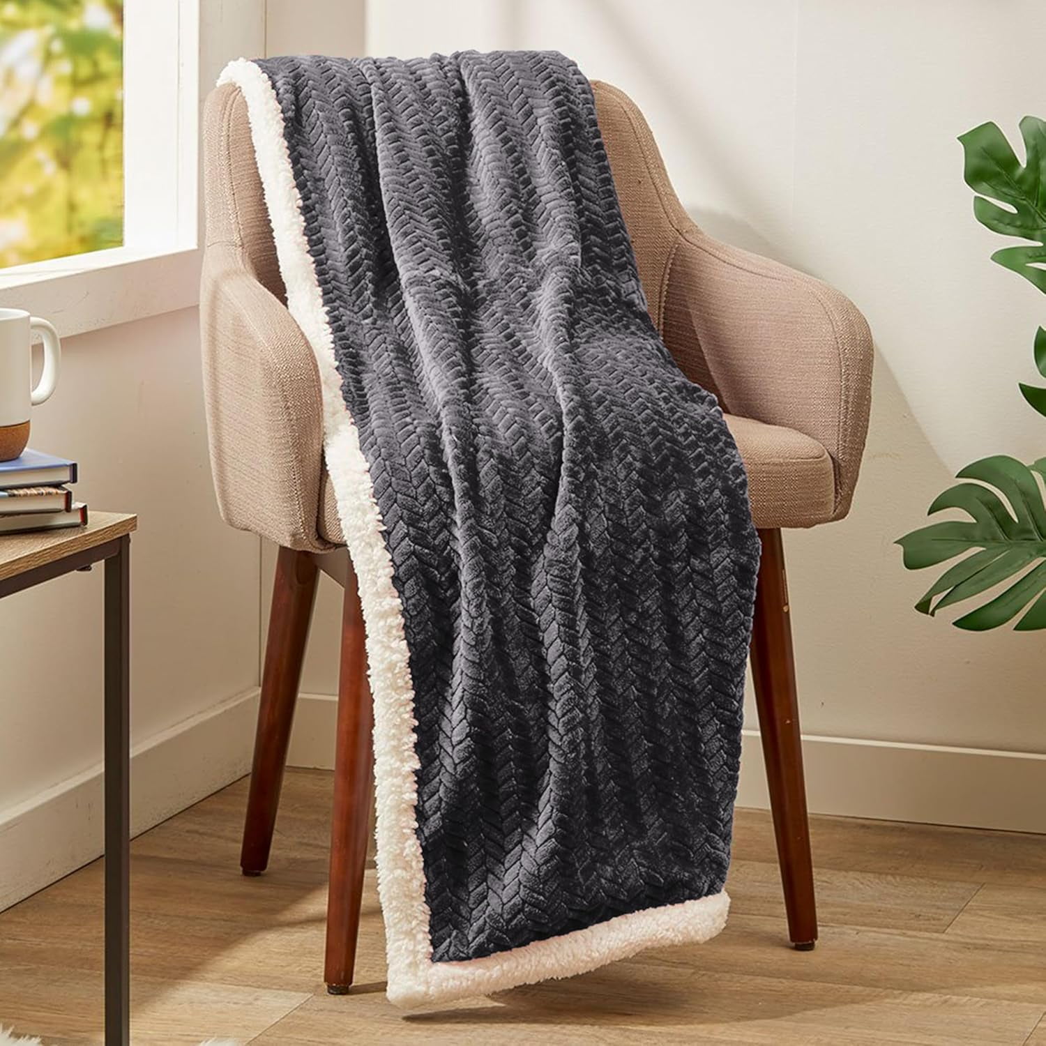 Elegant Comfort Reversible Throw Blanket with Braided Design, Heavyweight Micromink and Sherpa Backing, Throw Size, Grey
